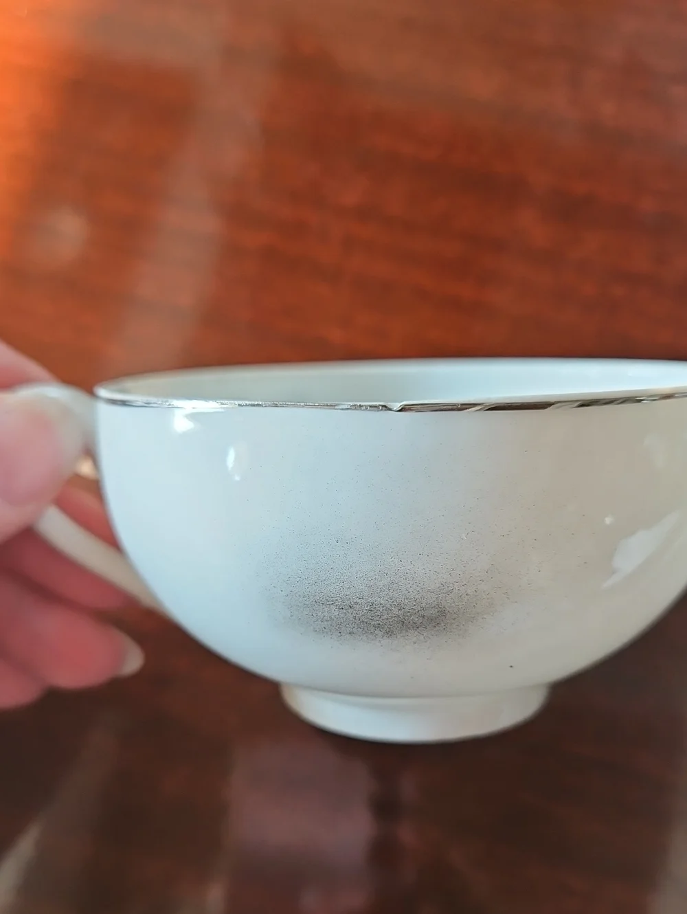 Vintage Porcelain Teacup & Saucer Set in White with Blue and Tan Accents